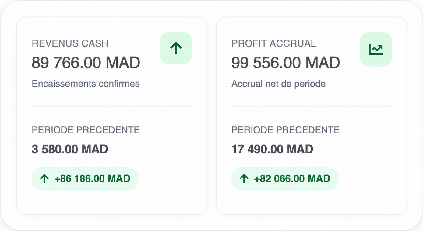 EvoRent statistics preview showing cash revenue and accrual profit KPI cards.