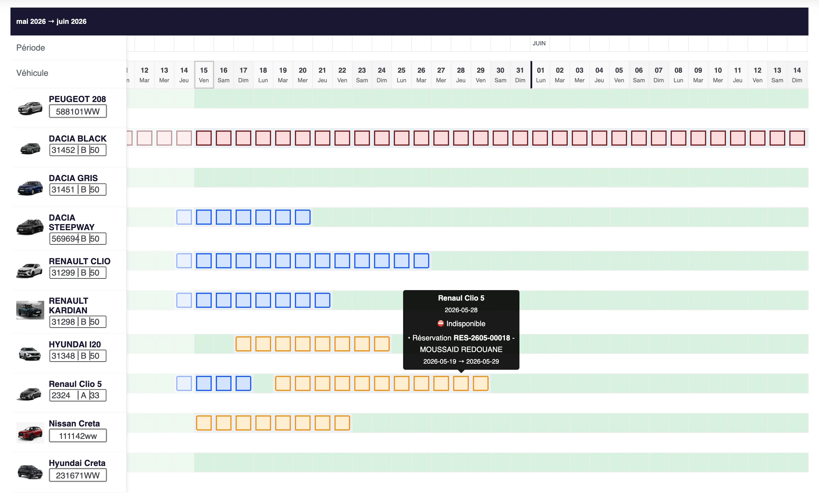 EvoRent fleet availability calendar showing vehicles, dates, reservations, repairs, accidents, and availability blocks.