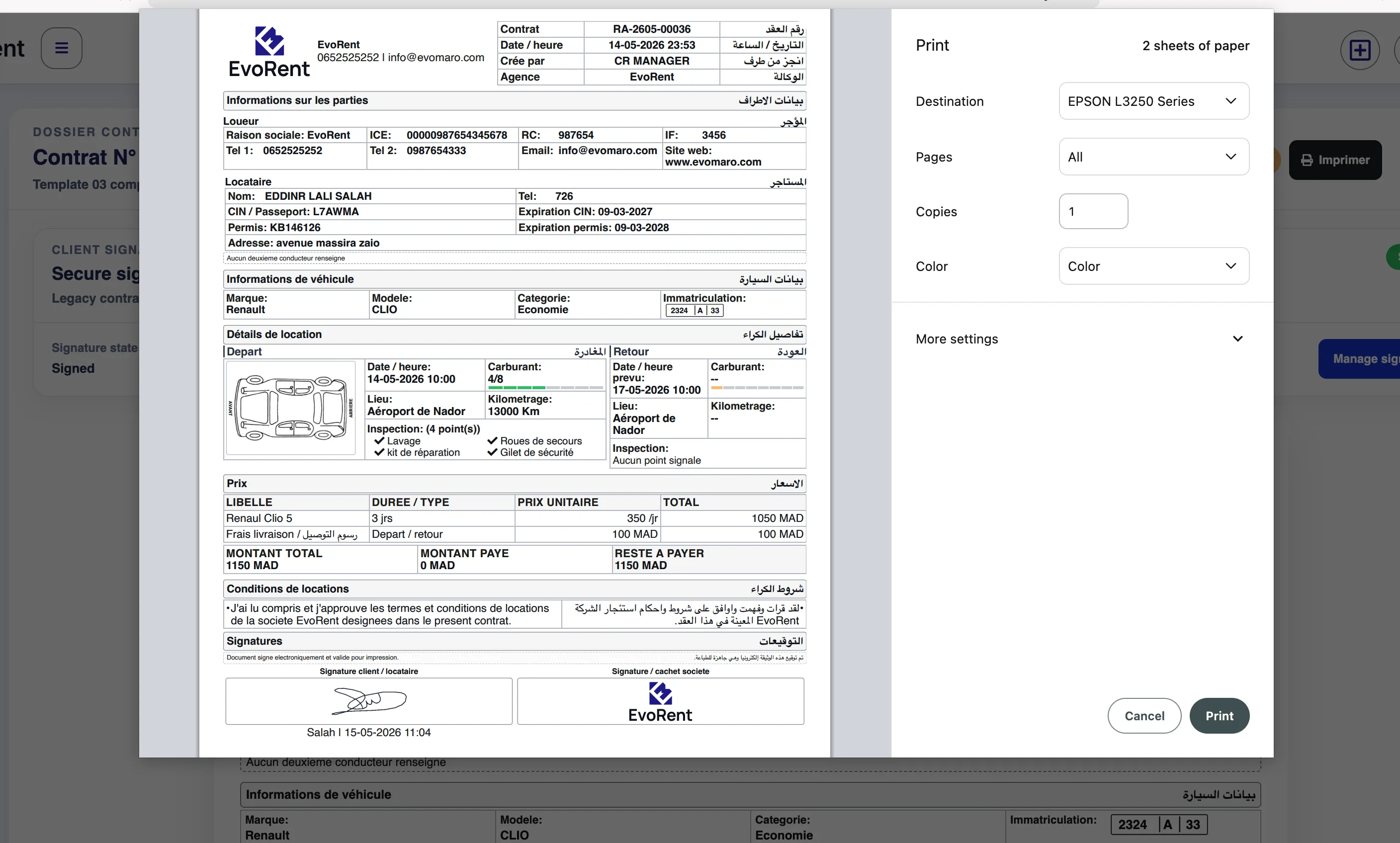 EvoRent bilingual rental contract preview with vehicle checklist, fuel level, mileage, pricing, and digital signature.